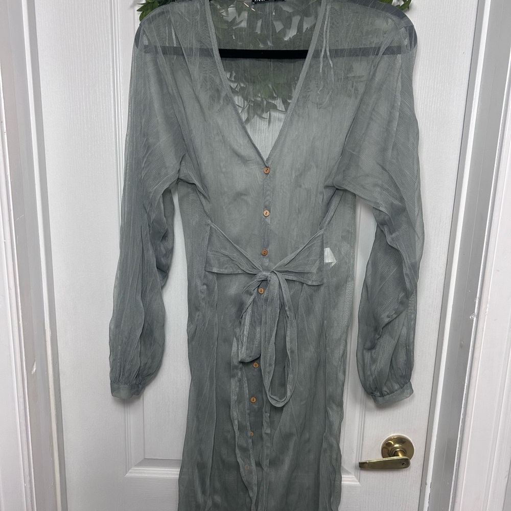 Zara Sheer Gray Tunic with Tie Waist